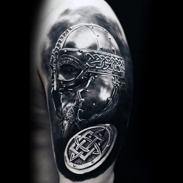 3d Realistic Odin Battle Armor Mens Half Sleeve Tattoo Designs