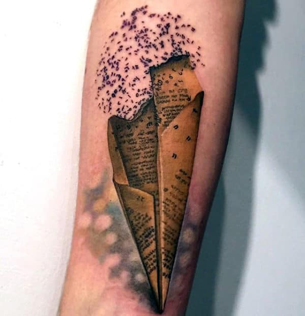 3d Realistic Paper Airplane Mens Forearm Tattoo