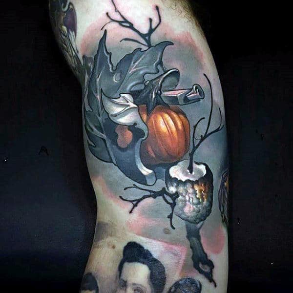 3d Realistic Pumpkin Mens Fall Arm Tattoos