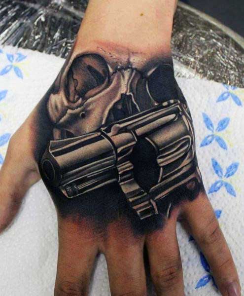 3d Realistic Revolver Skull Mens Hand Tattoos