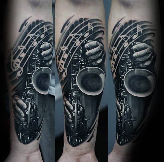 3d Realistic Saxophone Music Notes Forearm Sleeve Tattoo