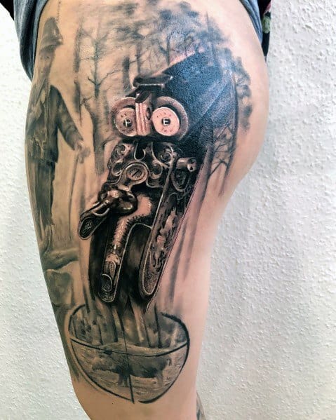 Realistic shotgun tattoo on thigh featuring a detailed firearm with a haunting forest background and a mysterious figure.