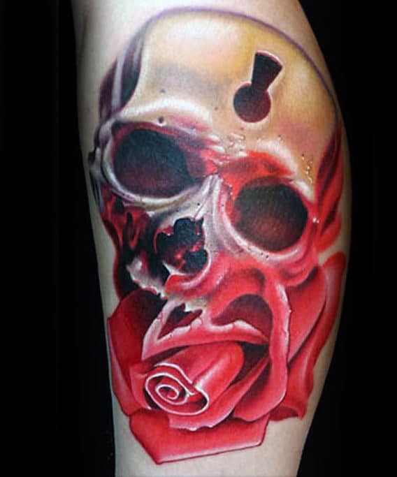 3d Realistic Skull And Rose Flower Mens Keyhole Arm Tattoos