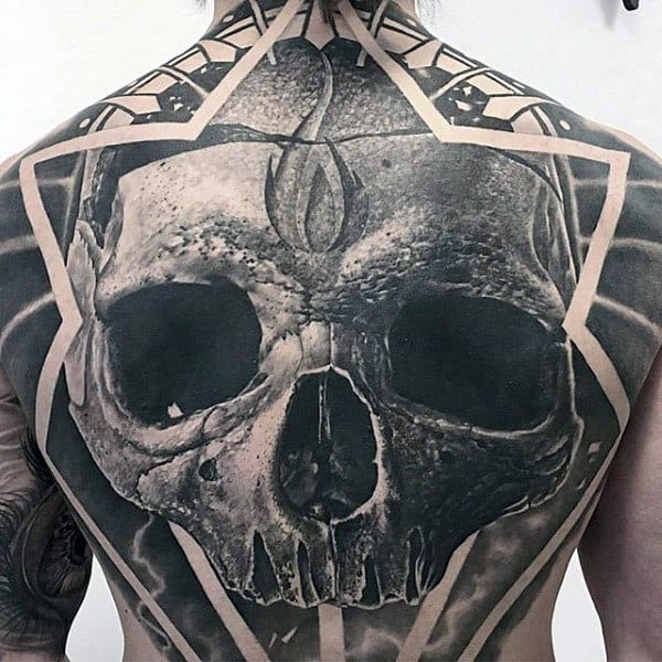 3d Realistic Skull Black Ink Male Full Back Tattoo