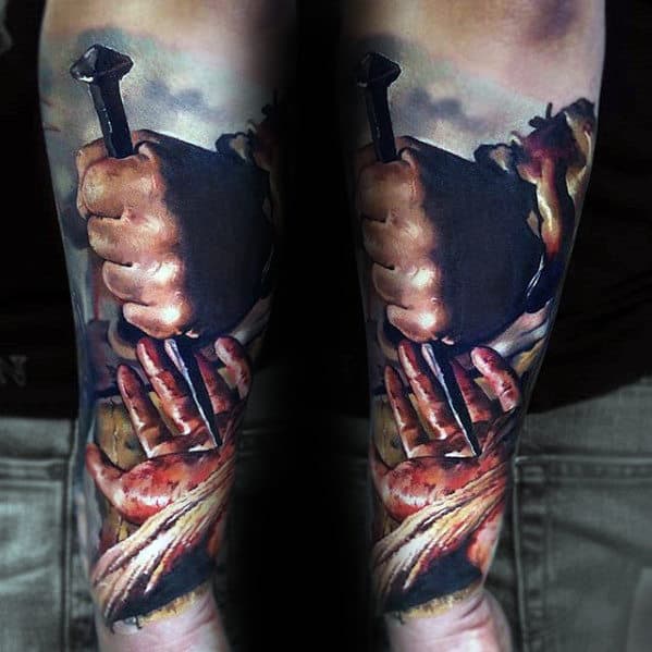 3d Realistic Spike Through Hand Guys Jesus Forearm Sleeve Tattoo