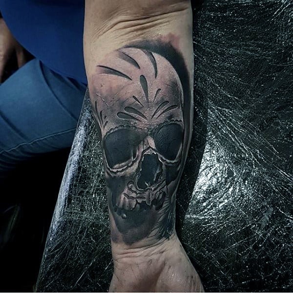 3d Realistic Sugar Skull Tattoo Black And Grey For Gentlemen On Wrist