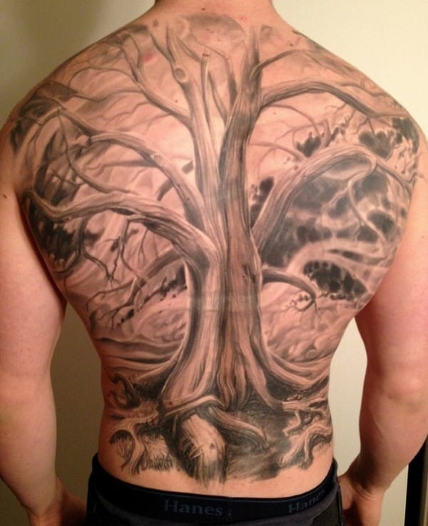 3d Realistic Tree Without Leaves Male Back Tattoos