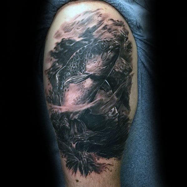 3d Realistic Trout Jumping In Water Guys Arm Tattoos