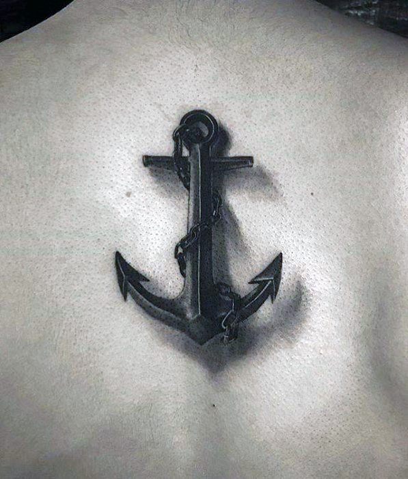 Tattoo of a 3D black anchor with a chain wrapped around it on a person's upper back