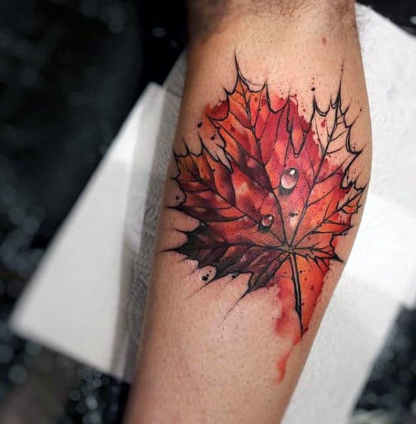 3d Realistic Water Droplet On Orange Leaf Tattoo For Men