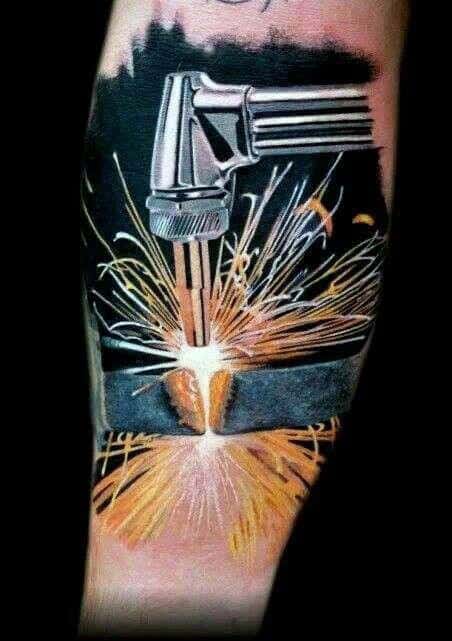 3d Realistic Welding Torch Cutting Through Metal Beam Mens Leg Tattoo