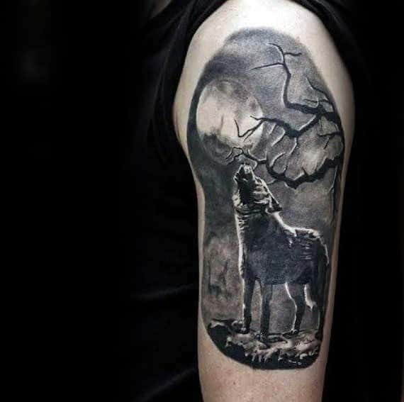 3d Realistic Wolf Howling At Moon Guys Arm Tattoo Designs