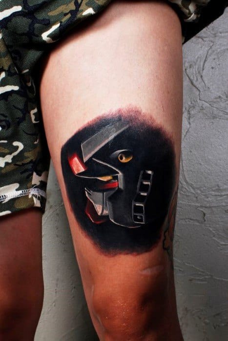 3d Realistic Gundam Tattoo Design On Mans Thigh