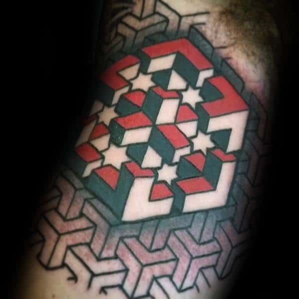 3d Red And Black Ink Geometric Arm Tattoo Design Ideas For Males