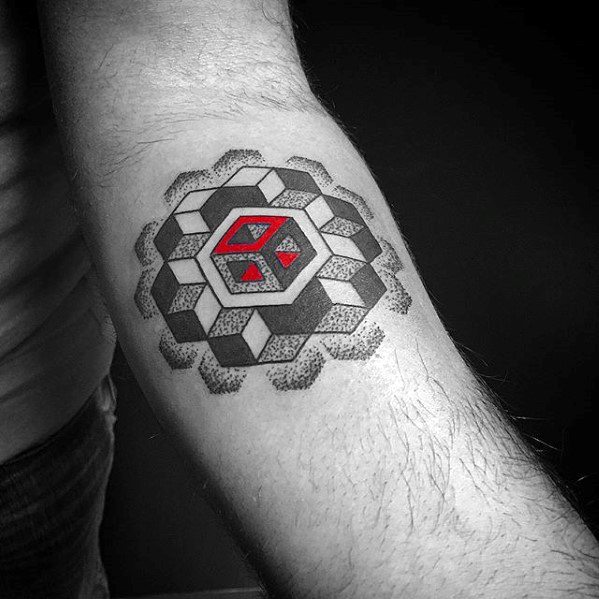 3d Red And Grey Ink Geometric Forearm Tattoo Ideas On Guys