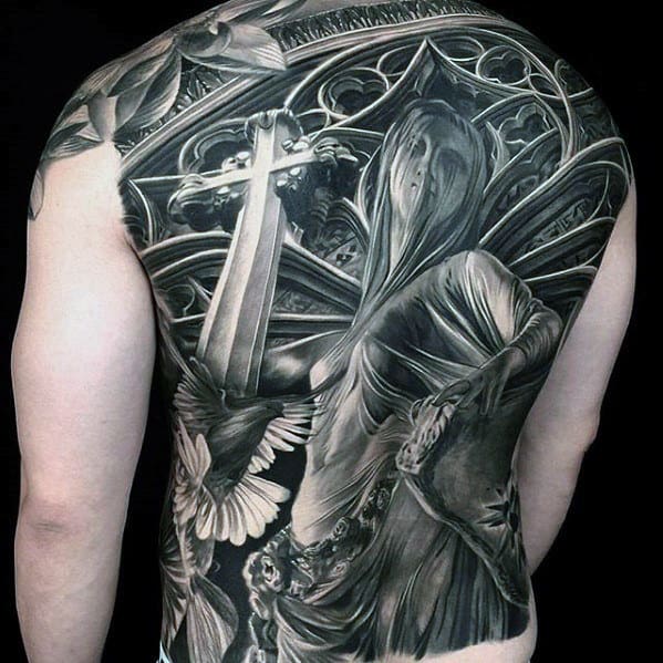 3d Religious Church Window With Cross Unbelievable Male Back Tattoos