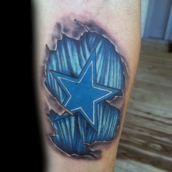 3d Ripped Skin Blue Star Mens Dallas Cowboys Leg Tattoo
