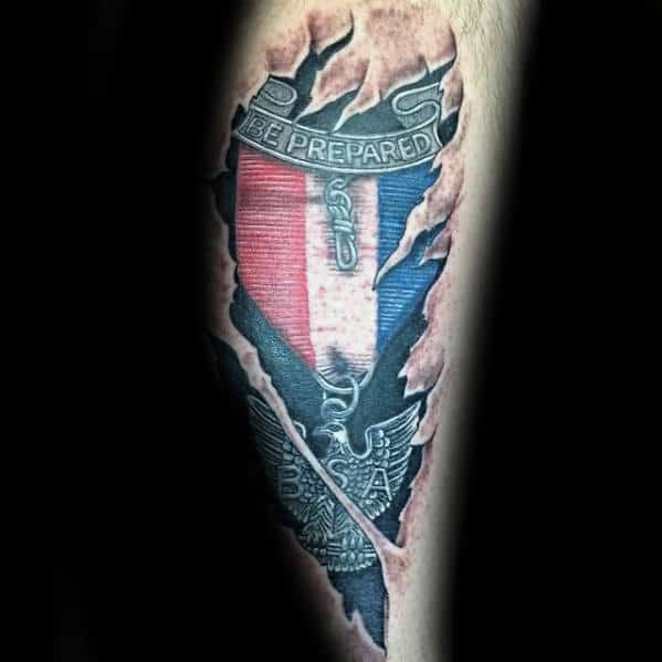 3d Ripped Skin Eagle Scout Badge Guys Tattoo On Leg