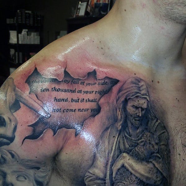 3d Ripped Skin Shoulder Tattoo Scripture For Guys With Jesus Christ On Chest