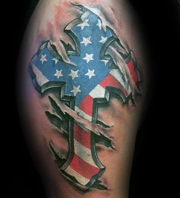 3d Ripped Skin Unique Arm American Flag Cross Mens Tattoos