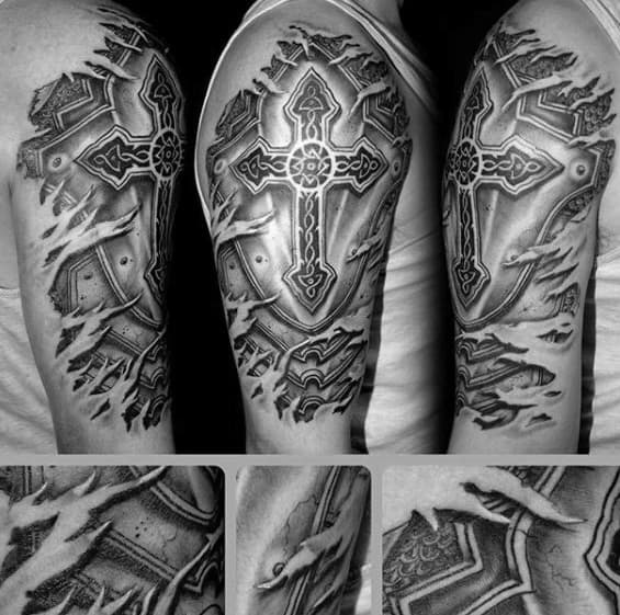 3d Ripped Skin With Celtic Cross Mens Badass Arm Tattoo Ideas
