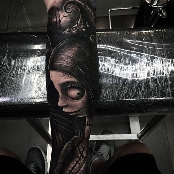 3d Sally Night Before Christmas Mens Black Ink Shaded Sleeve Tattoos