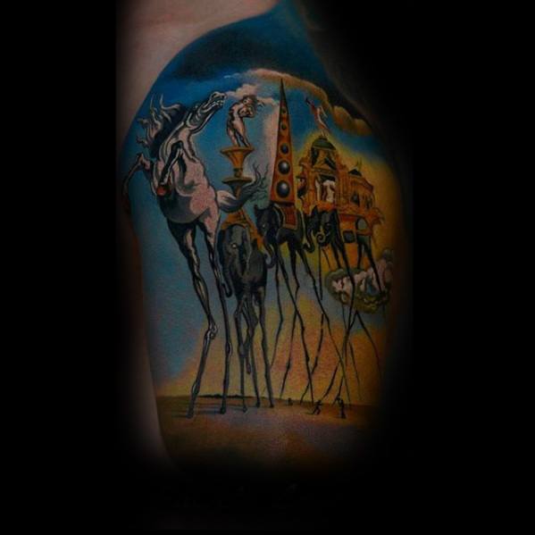 Salvador Dali-inspired tattoo featuring surreal elephants with long, spindly legs carrying abstract structures through a dreamlike sky.