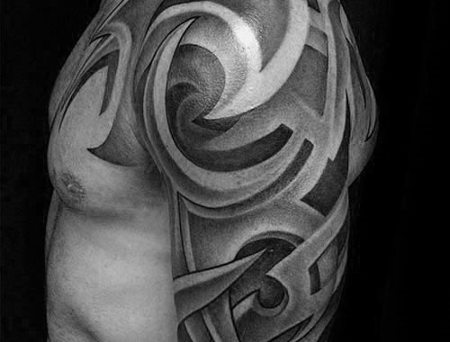 3d Shaded Black And Grey Sick Tribal Half Sleeve Tattoos For Men