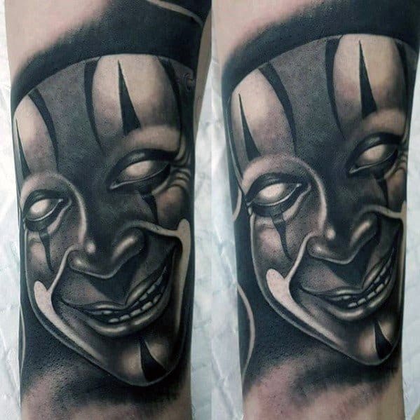 3d Shaded White And Grey Ink Drama Mask Tattoos Guys On Forearm