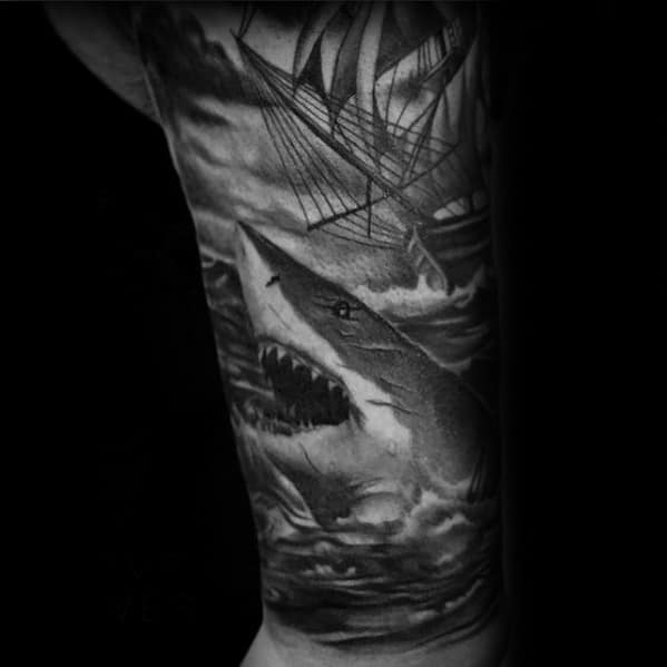 3d Shark With Sailing Ship Guys Shaded Sleeve Tattoo Design