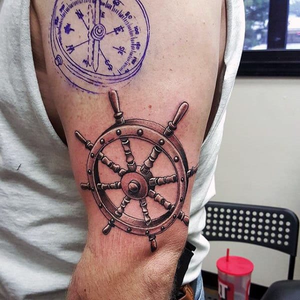 3d Ship Wheel Nautical Upper Arm Tattoos For Men