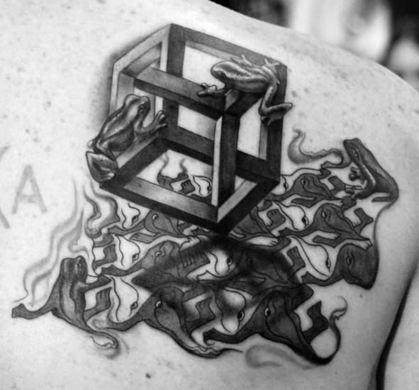 MC Escher-inspired tattoo with frogs climbing a 3D impossible cube and morphing lizards in an interlocking pattern below.