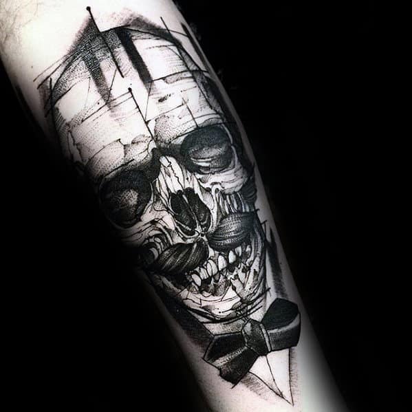 3d Sketched Skull With Mustache And Bow Tie Mens Forearm Tattoo