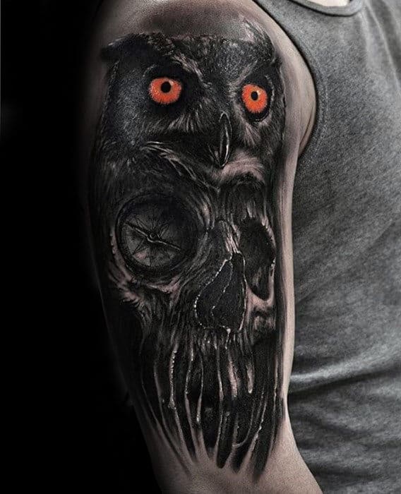 3d Skul With Owl Different Mens Arm Tattoos