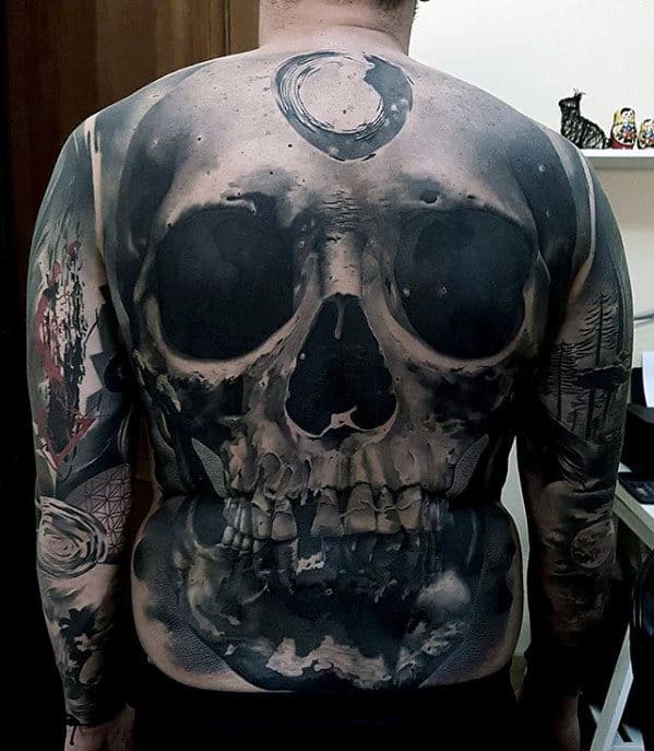 3d Skull Badass Guys Shaded Realistic Back Tattoo