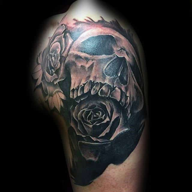 3d Skull Black Rose Upper Arm Male Tattoos