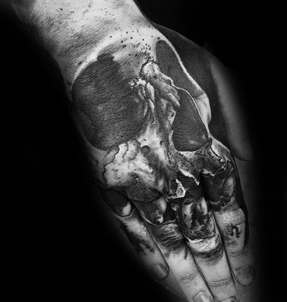 3d Skull Hand Tattoo With Black And Grey Ink Design For Guys