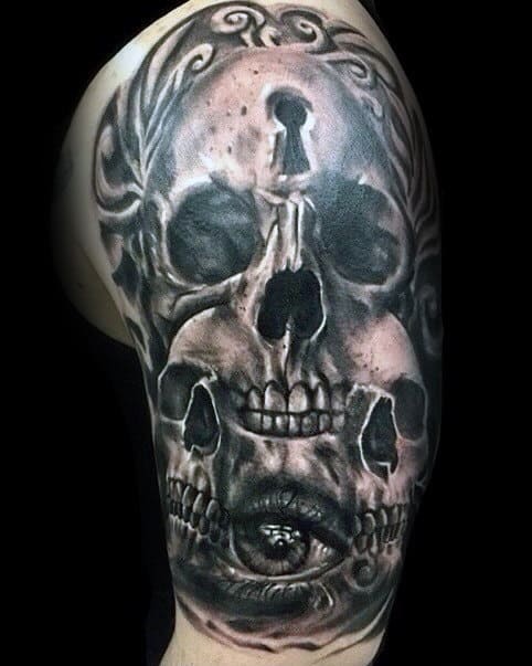 3d Skull Keyhole Guys Half Sleeve Tattoo Designs
