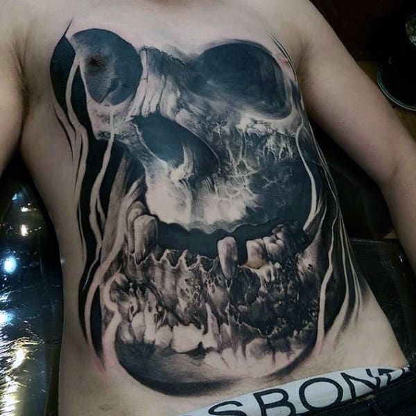 3d Skull Mens Black Ink Chest Tattoo