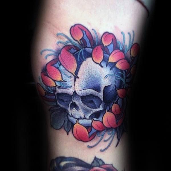 3d Skull Peony Mens Leg Tattoo