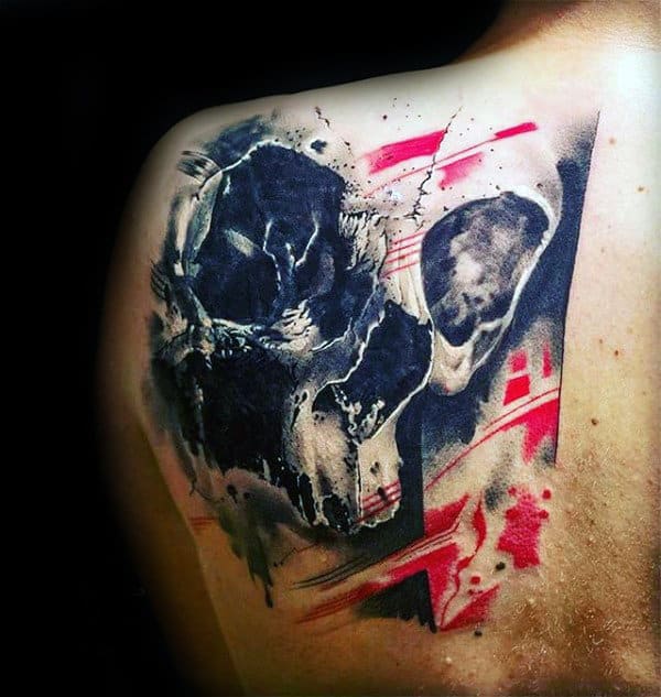 3d Skull Trash Polka Mens Back Tattoo