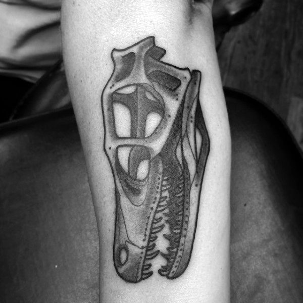 3d Skull Velociraptor Male Inner Forearm Tattoo Ideas