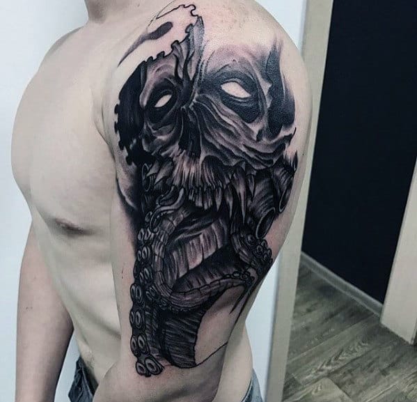 3d Skull With Octopus Tentacles Tattoo On Arm For Men