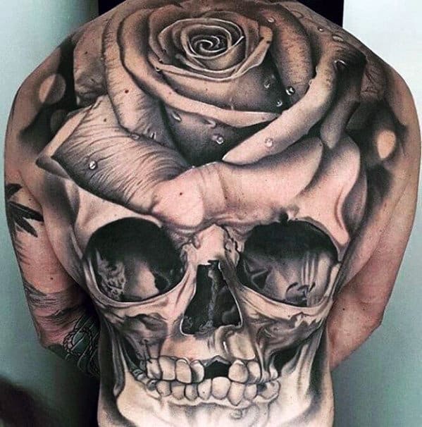 3d Skull With Rose Flower Male Full Back Tattoo Designs
