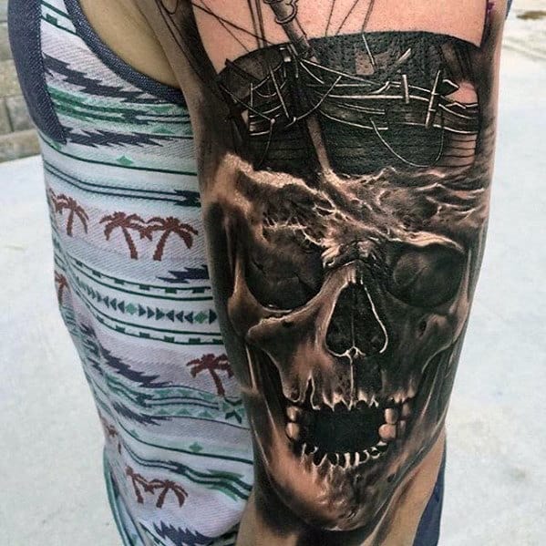 3d Skull With Ship Sweet Arm Tattoos For Men