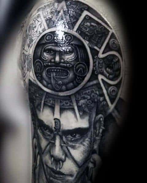 3d Sleeve Guys Mayan Calender Tattoos