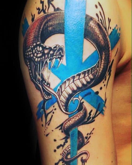 3d Snake With Blue Star Of Life Guys Arm Tattoos