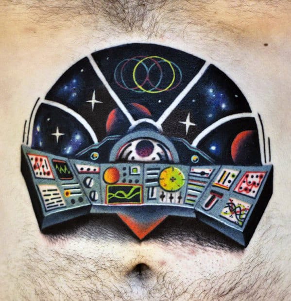 3d Spaceship Control Center Panel Mens Chest Tattoo