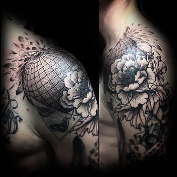 3d Sphere Globe Mens Shoulder Tattoo