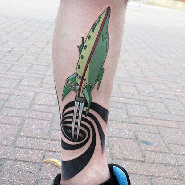 3d Spiral Planet Express Ship Futurama Mens Leg Tattoos